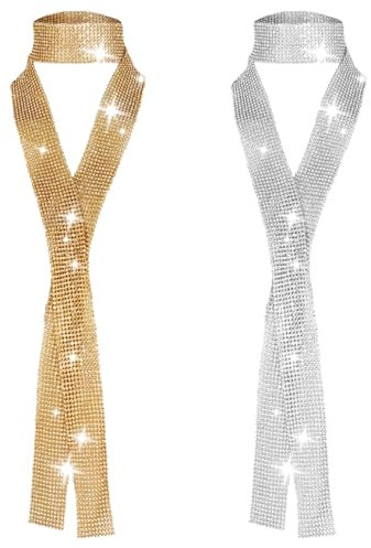 2 Stück Glitzernder Pailletten-Schal für Damen,Funkelnder Metallic-Schal,70er Glitzer Halstuch Discosilberner mit Metallpailletten für Mädchen, Abendparty, Hochzeit