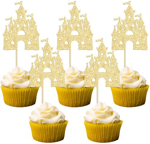 Ephlyn 24Pcs Princess Castle Cupcake Toppers Glitter Princess Cake Toppers Queen Birthday Party Cake Decoration for Girls Princess Baby Shower Birthday Party Supplies Gold