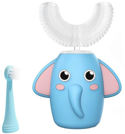 Kids Electric Toothbrush U-Shaped Ultrasonic IPX7 Waterproof Design with 2 Brush Head 3 Modes, 360-Degree Full Mouth Cleaning Automatic Children Toothbrush for 2-12 Years Old (Blue, 2-12 Age)