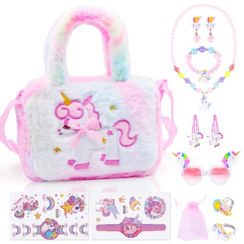 Einhorn Handtasche Schmuckset, Plüsch Umhängetasche mit Kette Armband Ring für Mädchen 3-7 Jahre, Rollenspiel Geburtstagsgeschenk Einhorn Tasche