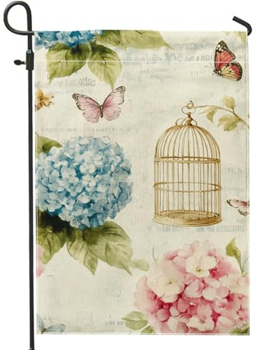 Drapeau de jardin floral printemps été, hortensia bleu, décoration d'intérieur, bannière de jardin, drapeau de cour double face en toile de jute, décoration de pelouse extérieure, 30,5 x 45,7 cm