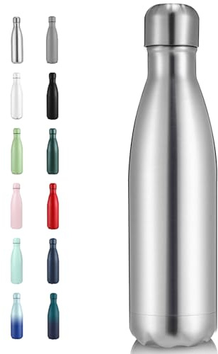 Volhoply 500 ml isolerad rostfritt stål vattenflaska, dubbelväggsvakuum termos, håller kallt 24 timmar & varmt 12 timmar, finns i förpackningar om 1, 4 (Silver, 1 förpackning)