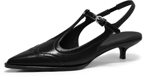Coutgo Damen-Pumps, Slingback, Kätzchen-Absätze, Oxford-T-Riemen, niedriger Absatz, geschlossen, spitzer Zehenbereich, Vintage-Kleiderschuhe, Schwarz, 42 EU