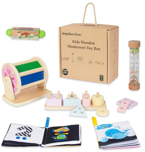 WOODENFUN Montessori Spielzeug Set Kinder Erleuchtung Holz Spielzeug 6pcs Set mit Stapel Spielzeug, Regen Trommel, Drehende Trommel 1 Jahre Kinder Geschenktasche (Set1)