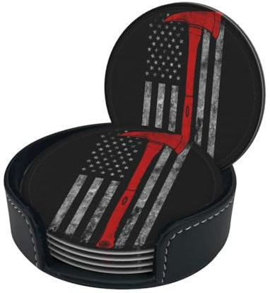 Firefighter Axe Red Line Flag Round Leather Coaster Set (6 Pieces) â€“ Premium Single-Sided Printed Coasters Pu Leather, Perfect For Home And Office