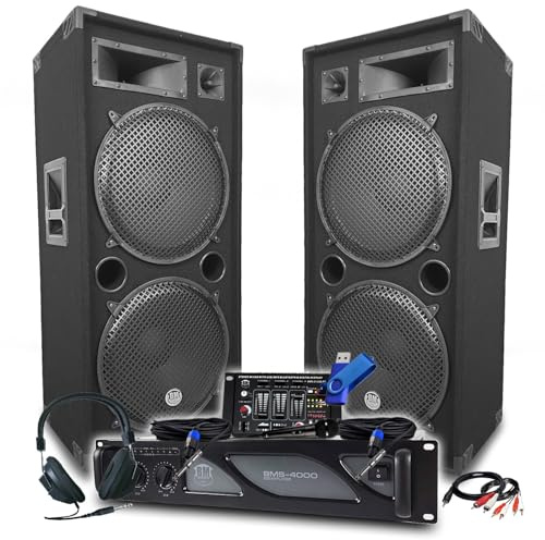 Pack Sono DJ BM Bmsonic Ampli 4000 W, par de altavoces pasivos LSC215 2 x 2000 W, mesa de mezcla, auriculares, cables, micro+llave 32 G