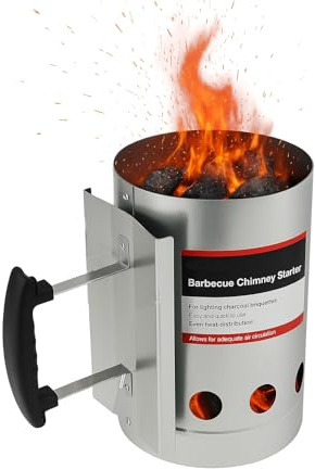 Grillkamin Starter - Holzkohle BBQ Feueranzünder mit hitzebeständigem Griff & Schutzgitter - Schnelle & gleichmäßige Kohlezündung in 10-20 Minuten - Leichtes langlebiges BBQ Fleischkocher Zubehör