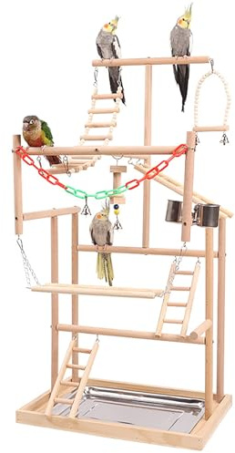 AFGSsm Giochi pappagalli, Trespolo pappagallo, Terreno di Gioco per Pappagalli in Legno Supporto per Uccelli con Scala(48*33,5*94,5CM)