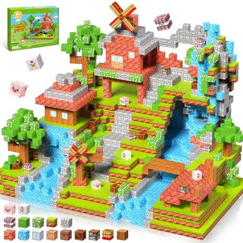 Charmofun Bloques Magneticos Construccion Niños 150 Piezas 2CM, Magnetic Blocks con Granja y Molino de Viento, Construcciones Magneticas Juguetes Regalos para Niños 4 5 6 7 8 9 Años
