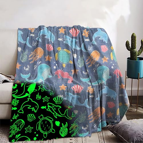 Manta para niños de 130x150cm, Manta de mundo submarino que brilla en la oscuridad, súper suave y cálida para regalos de niños (HY-B, 130x150cm)