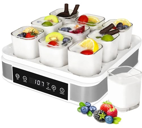 Yogurtera con Control de Temperatura y Temporizador, Incluye 9 frascos de Vidrio, Acero Inoxidable de 52 oz, postres caseros
