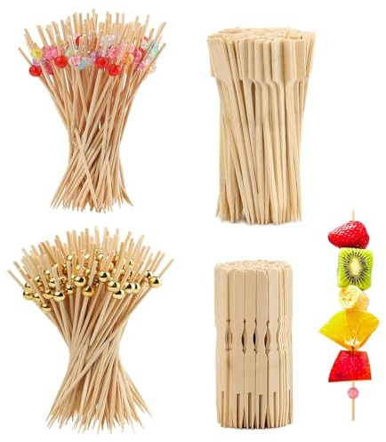 ktxaby 400 stycken cocktailspett, bambu fingermatspett med gyllene pärla, 12 cm träspett för snacks, frukt, ost, canapés, cocktaildekoration, plock, bambuspett för fest, buffé, förrätter (4 designer)