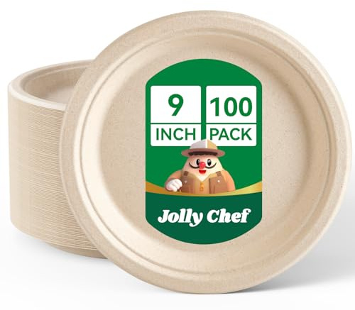 JOLLY CHEF 100 Pack 9 Inch Strong Disposable Bagasse Plates Natural | Compostable Biodegradable Bagasse Plates, Heavy-Duty Sugarcane Plates for Party & Dinner