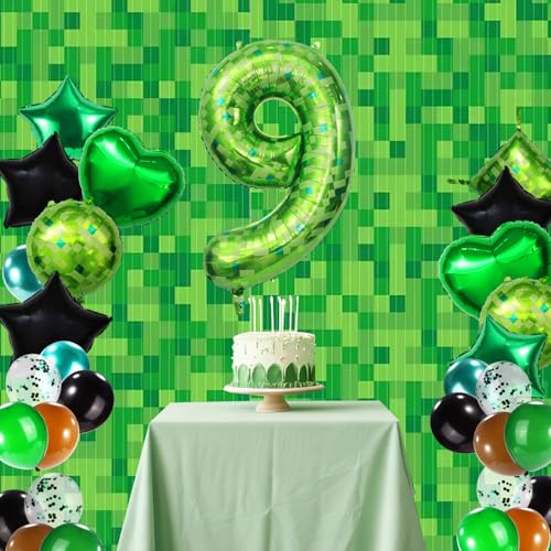 38pz Set Palloncini Pixel, Palloncini Lamina con Forme Rotonde Quadrate Cuore Stella Numeriche e Sfondo Decorativo Tenda Antipioggia Articoli Feste Tema Gioco per Bambini e Adulti (Numero 9)