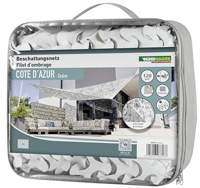 Windhager Red de sombreado Cote D´Azur - 3 x 4 Metros - Blanco/Gris - toldo Vela, marquesinas Exterior, Lona Sombra Exterior - Red de Sombra al Aire Libre - Malla Shadow para Exterior