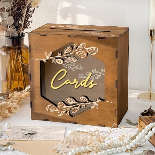Wooden Wedding Card Box with Clear Acrylic Window for Wedding Reception | Brown Wedding Post Box for Cards, Easy Assembly, Large Capacity, Rustic Style, Decorations for Party, Birthday, Bridal Shower