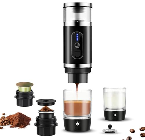 4-in-1 Tragbare Espressomaschine mit Milchaufschäumer, akku kaffeemaschine für gemahlenen kaffee und kapseln，kaffeemaschine to go geeignet fürs Büro, für Reisen und beim Camping, Cappuccino, Macchiato