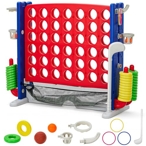 Riesiges Vier-Gewinnt-Spiel, Jumbo-Vier-Gewinnt-Spiel für draußen mit Verstellbarer Höhe (91–122 cm) und 42 Jumbo-Ringen mit Schnellverschluss-Rutsche, Gartenspiel für Kinder und Erwachsene