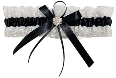 La liga de la novia para boda con lazos para las piernas de encaje y pedrería, Negro , Talla única