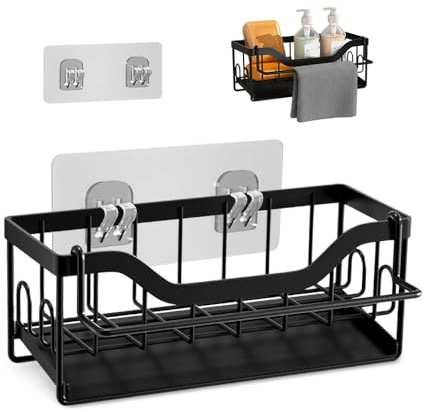 SZMK Organizador de Fregadero Cocina,Soporte Esponja Cocina Pared con Toallero,Escurridor Estropajos Fregadero,Kitchen Sink Organizer,Porta Estropajo Sin Taladrar para Trapos, Cepillos - Negro