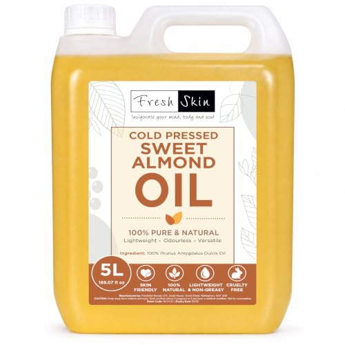 Freshskin Sweet Almond Oil 5 Litre Pure Natural Vegan Carrier Oil (5000ml) | 100% pure, cruelty-free, non-GMO formula ideal for skin, hair, massage, nails, cuticles, face, body, and aromatherapy use.
