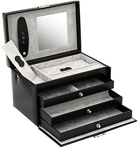 Friedrich|23, Schmuckkoffer, Classico, Leder/Feinsynthetik, 24 x 15 x 16 cm, Rechteckig, Abschließbar, Mit Spiegel, Schwarz, 23231-2