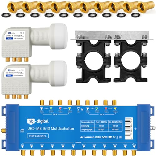 2 x Quattro LNB + multiswitch pmse 9/12 HB-DIGITAL 9 x SAT fino a 12 x abbonato/ricevitore per HDTV completa 3D 4 K UHD con Alimentatore + 35 Vergoldete f-Stecker Gratis con