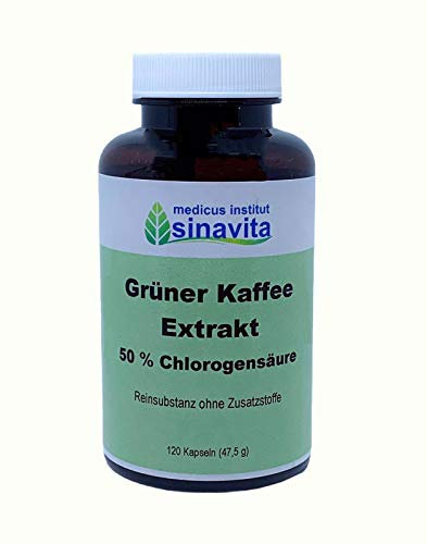 Grüner Kaffee Extrakt, 50 % Chlorogensäure, 120 Kapseln, 300 mg., Reinsubstanz ohne Zusatzstoffe, vegetarische Kapselhülle, deutsche Produktion