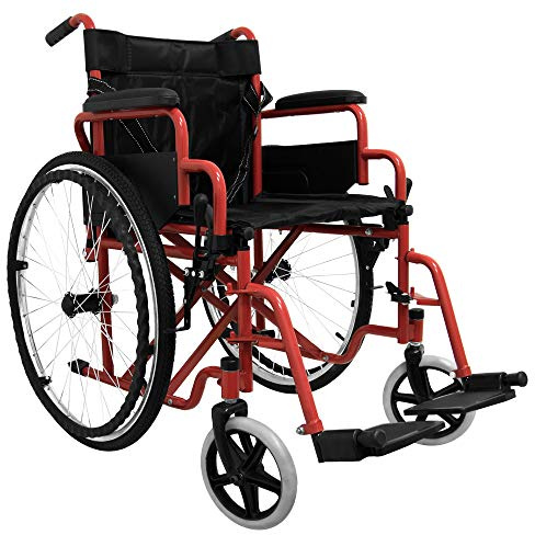 MedicalPharm® Sedia a Rotelle Pieghevole Leggera ad Autospinta,Carrozzina per Disabili ed Anziani con Braccioli Poggiapiedi Estraibili,Cintura di Sicurezza,63 x 87 x 104 cm,Rosso