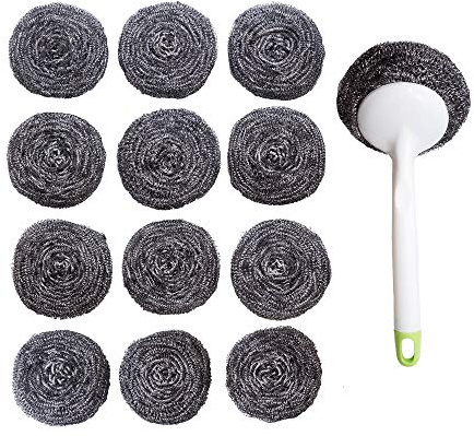 Stainless Steel Sponges Scourer Set with Handle 40 gram - Pack of 12 - Large Stainless Steel Scrubbers - Metal Scouring Pads - Stainless Steel Pot, Pan, Cast Iron Cleaner
