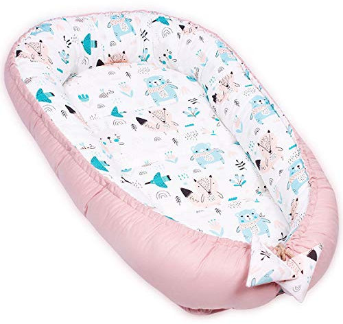 PaLulli Kuschelnest 2-seitig Babynest Babynestchen Baby Nest Nestchen Reisebett Wickelauflage Kuschelbett, Kokon Kokon für Babybett - Babys und Säuglinge, 100% Baumwolle Oeko TEX (Rosa Bär)
