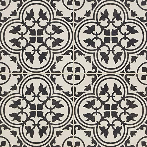 12x12 Flora Black White Encaustic Ceramic Tile (10 Piece 10SF Pack)