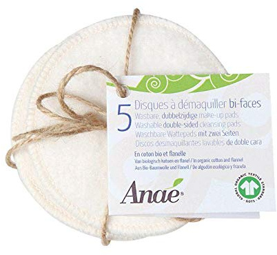 Anaé 5 disques à démaquiller bi-Faces lavables réutilisables en coton biologique rondes 9 cm