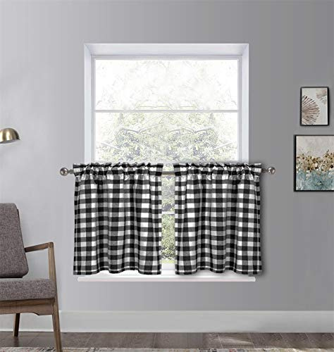 Dreamskull Kurzstores Gardinen Vorhang Landhaus Küche Kurz Fenster Blickdicht Modern Scheibengardinen Bistrogardine Kurzgardine Kurzvorhang Kariert 2er Set 90cm Hoch Wohnzimmer (Schwarz, HxB 90x68cm)