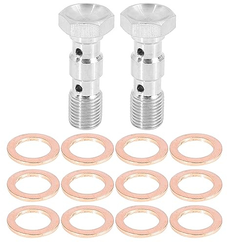 X AUTOHAUX Hohlschrauben M10x1.0 Doppelt 2 Stück Für Bremsen Edelstahl | Farbe Silberton, Größe 35.6x16mm, Innendurchmesser 10mm, 12 Unterlegscheiben, Für Motor