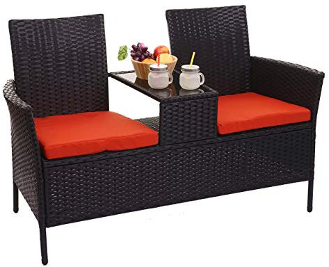Mendler Poly-Rattan Sitzbank mit Tisch HWC-E24, Gartenbank Sitzgruppe Gartensofa, 132cm - schwarz, Kissen Terracotta
