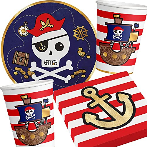 Carpeta 33-teiliges Party-Set * Pirates MAP * mit Teller + Becher + Servietten + Deko | Piraten Kindergeburtstag Partygeschirr Deko Geburtstag Party Mottoparty Luftschlangen