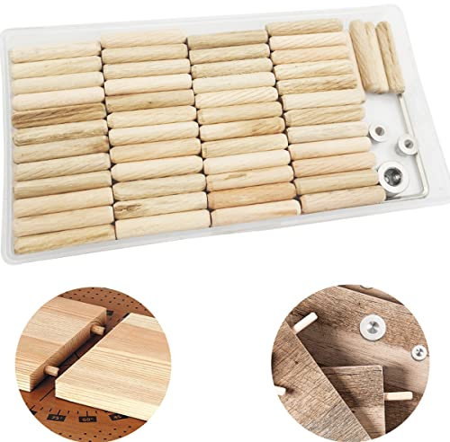 Tasselli Legno, CESFONJER 100 pcs Spine Legno, 2 pcs Perni di Centraggio e 1 pcs Anelli per Punte Trapano, con chiave esagonale, per Mobili Porte e Progetti Artistici (6mm)
