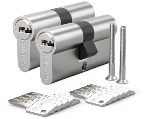Bwintech 2 pièce Cylindre laiton Euro 30/40mm, serrure cylindre clé/clé 70mm avec 10 clés laiton horizontales, anti-crochetage, anti-perçage, anti-claquement, anti-choc, finition nickel satiné