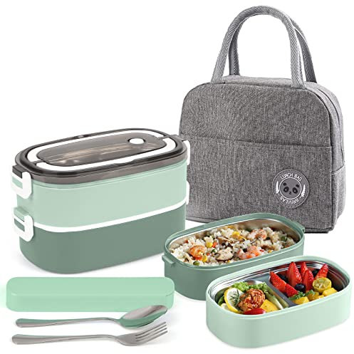 UHAPEER 2 Tier Lunch box Bento Box with 3 Compartments & Cutlery, Leakproof Bento Lunch Box for Adult Kids, Food Storage Portable Lunch Box with Lunch Bag for Work School