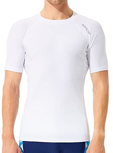 SURFEASY Men's Rash Vest Swim Shirts, Sun Protection Short Sleeve Quick Drying Rash Guard Base Layer Snorkeling Swimming Surfing Tops (White,3XL)