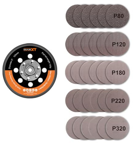MAXXT Disque de Support 125mm pour Ponceuse DA à Crochet et Boucle + 30 Papiers de Verre (5 Grains P80/P120/P180/P220/P320) - Kit Compatible avec Ponceuse Orbitale Sans Balais MAXXT R7303