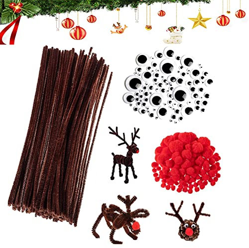 500 Stück Pfeifenreiniger Basteln Set, Braune Pfeifenreiniger Mit Selbstklebend Bastelaugen Rote Pom Poms,für Kinder Weihnachten Handwerk DIY und Dekorieren
