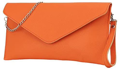 SH Leder Echtleder Clutch Umhängetasche kleine Tasche elegant Abendtasche in genarbt Rindleder mit Tragkette 31,5x16,5cm Saya G369 (Orange)