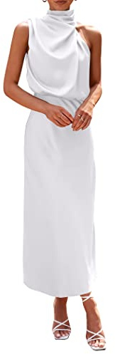 PRETTYGARDEN Women's 2025 Summer Satin Dress Elegant Sleeveless Mock Neck Cocktail Party Maxi Dresses (White,Medium)