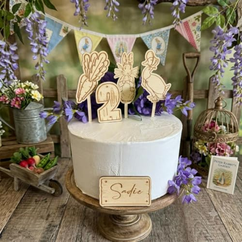 Peter Rabbit Party Cake Toppers and Charms, Personalisable Childrens Cake Decoration, Birthdays Christening Wooden Cake Topper with Message