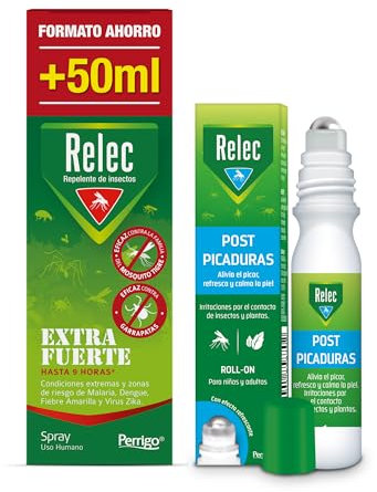 Relec Extra Fuerte 125ml Spray Antimosquitos+Roll-on Post Picaduras, Repelente de Mosquitos, Contra El Mosquito Tigre, Protección contra Picaduras mosquitos en Zonas Tropicales y condiciones Extremas