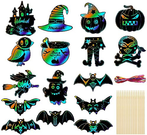 AWCIGG 48 Stück Halloween Basteln Halloween Mitgebse für Kinder Halloween Kratzbilder Set für Deko Kindergeburtstag mit 48 Bunte Bänder und 24 Holzstift