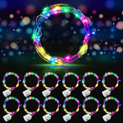 AIKEI 12 Pack Led Fairy Lights Battery Operated String Lights Waterproof Silver Wire 7 Feet 20 Led Firefly Starry Moon Lights for DIY Wedding Party Bedroom Patio Christmas Rainbow Color