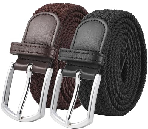 YiliYa 2 Stück Unisex Stretchgürtel Stoffgürtel Elastik Flechtgürtel Geflochtener Elastischer Gürtel für Damen und Herren（Schwarz/Kaffee,Länge 130cm）
